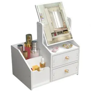 Multifunctional Luxury White Rectangle Glossy Finish Dustproof Nordic Cosmetic Storage Box Makeup Organizer Cat Ears Mirror 1-3L