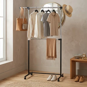 Modern Freestanding Metal Coat Rack With Double Rods And Wheels For Bedroom Or Living Room Storage