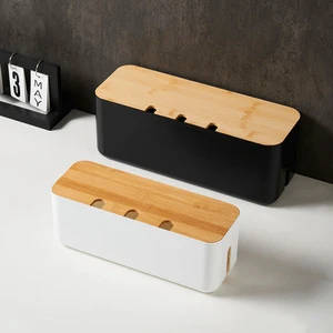 Bamboo & Plastic Injection Molded Wire Box Simple Desktop Patch Panel Data Cable Organizing Storage Box with Lid for Tools