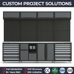 Double 7 Drawer Metal Tool Cabinet Workbench Set With Pegboard Storage Bins Trash Can Modular Steel Garage Cabinets System