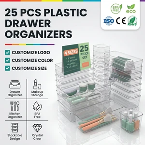 25 PCS Plastic Drawer Organizers- 4-Size Multi-Purpose Boxes for Makeup, Jewelry Storage in Bedroom, Office & Dresser