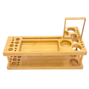 2 Tiers Multifunction Portable Wooden Bamboo Cosmetic Organizer with Mirror