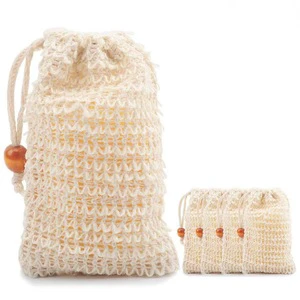 White Sisal Soap Mesh Net Bag Exfoliating Sisal Bamboo Terry Storage Pouch Drawstring Piler for Convenient Bath Toilet Supplies