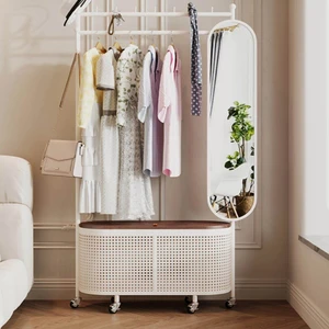 Mobile Coat Rack with Storage Cabinet Mirror | Freestanding Clothes Hanger with Full-Length Mirror for Bedroom Entryway