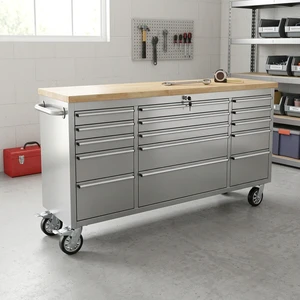 72 Inch Industrial Grade 430 Stainless Steel Rolling Tool Chest, 15-Drawer Garage Workbench with Rubberwood Worktop OEM