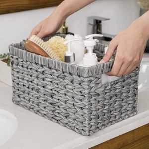 CF 2 Pack Waterproof Handwoven Plastic Wicker Storage Basket Set Rectangular Washable Bathroom Organizer Bins For Home Closet