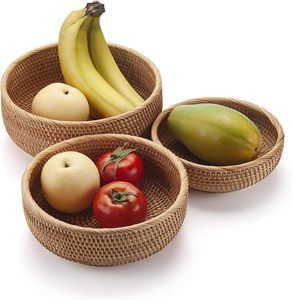 Round Rattan Fruit Baskets Woven Storage Bowls Key Holder Stackable For Shelf Kitchen Tabletop Natural Set