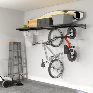 JH-Mech Wall Shelf Garage Storage Rack Custom Powder Coated Steel With Hanging Hooks Black Wire Metal Garage Wall Shelf