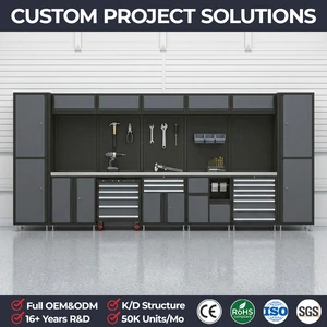 Modular Steel Garage Cabinets System With 2 Tall Cabinets 7 Drawer Tool Chest Trash Can Workbench Combination For Factory