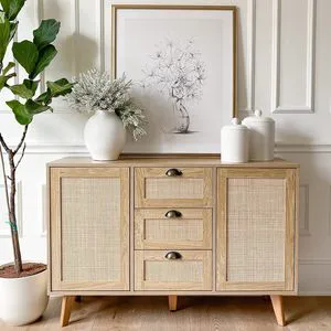 Rattan Cabinet - Sideboard Buffet Accent Cabinet With Doors And Drawers, Rattan Console Table