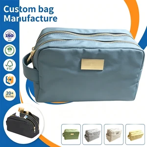 Custom Logo Nylon Makeup Bag Wholesale Portable Double Zipper Travel Cosmetic Pouch With Handle For Women