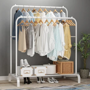 Metal Double Rod Coat Rack Durable Living Room Household Storage Shoe Clothes Rack Stylish Foot-Standing Design Clothes Racks
