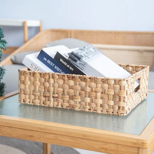 Water Hyacinth Woven Rectangular Eco-Friendly Waterproof Space Saving Storage Basket Handles for Desktop Living Room-Flexible