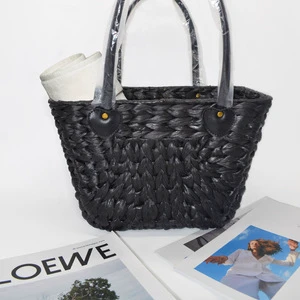 HN Hand-woven Water Hyacinth Modern Black Shopping Basket 35x23x24cm Portable Storage