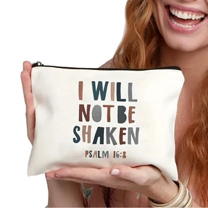1 Pc Christian Bible Verse 'I Will Not Be Shaken' Personalized Makeup Bag Zipper Closure Travel Toilet Storage Cosmetic Portable