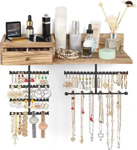Jewelry Organizer Hanging Wall Mounted Jewelry Holder with Rustic Wood Drawer & Large Capacity Storage Shelf Rack Display