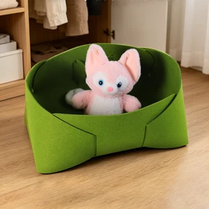 Green Foldable Felt Storage Basket Cat Bed Cute Embroidered Desk Organizer Bin for Book Cosmetics Toiletries Toy Box