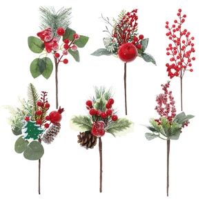 2026 Christmas Berries Pine Picks Christmas Decorations Snow Artificial Christmas Picks Pine Branches with Red Berries Pincones