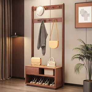 NKAHS Solid Wood Freestanding Coat Rack with Shoe Shelf and Hooks for Entryway Storage Minimalist Design