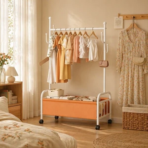 Simple Rust-proof Double-Rod Garment Rack with Hooks Space-Saving Clothes Rack for Home Bedroom Clothing Rack for Coat Storage