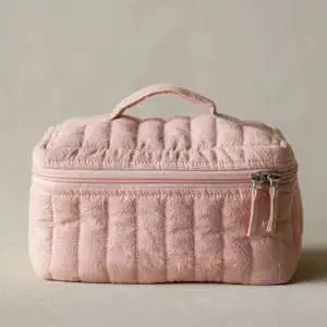 OEM Quilted Women Portable Large Capacity Wide Softly structured Makeup Vanity Pouch Travel Toiletry Organizer Cosmetic Bag
