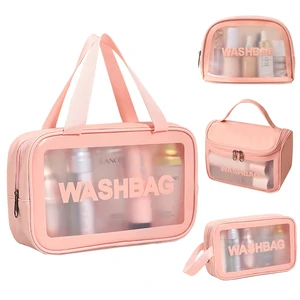 Logo Printed Customize PU Leather Wash Toilet Zipper Bag Set with Frosted Window Waterproof Travel Organizer Storage Bag