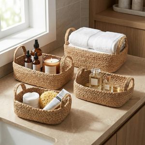 Natural Water Hyacinth Country Style Storage Basket Set Of 4 Jute Rope Baskets For Kitchen/Living Room/Wardrobe Easily Fit