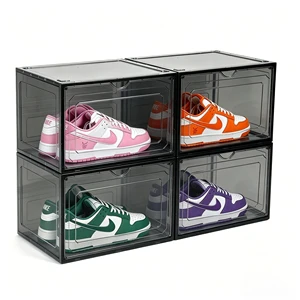 Stackable Foldable Magnetic Shoe Storage Box Transparent PET Large Sneaker Organizer with Dustproof Door for Home Living Room