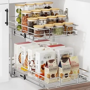 Modern Heavy Duty Metal Pull Cabinet Organizer Expandable 2-Tier Multifunction Spice Rack Chrome Finish Sliding Storage Hardware