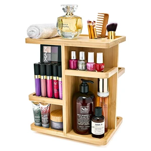 Bamboo Wood Makeup Storage Carousel Rotating Vanity Organizer for Cosmetics Skin Care Jewelry for Bathroom Storage