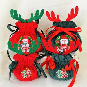 Christmas Reindeer Antler Velvet Drawstring Bag Luxury Silk Velvet Gift Pouch For Christmas Eve Packaging Candy Bag