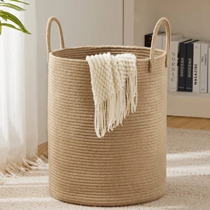 Woven Rope Laundry Hamper Basket, 80L Tall Luandry Basket, Baby Nursery Hamper for Blanket Storage, Clothes Hamper for Laundry
