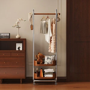 Solid Wood Coat Rack Moveable Household Space Storage Rack with Movable Hangers Floor-Standing Rectangular Rack for Bedroom