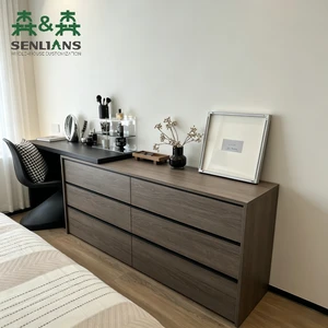 Multifunctional 6-Drawer Modern Chest Storage Unit USB Charging Port Garment Rod Deep Gray MDF Wood Vanity for Bedroom Living