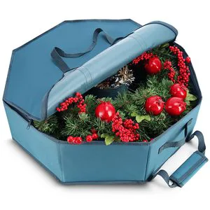Wreath Storage Container - Hard Shell Christmas Wreath Storage Bag with Interior Pockets, Dual Zipper and Handles