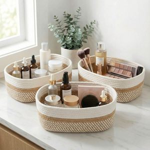 CF 3 Pack Handwoven Jute Cotton Rope Storage Basket Set Woven Organizer Bins Built-in Slotted Handles For Bathroom Closet Shelf
