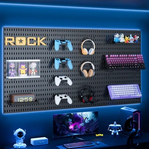 Black Gaming Room Pegboard: Wall-Mounted Display Rack for Headphones, Mouse Keyboard Desk Area Decor