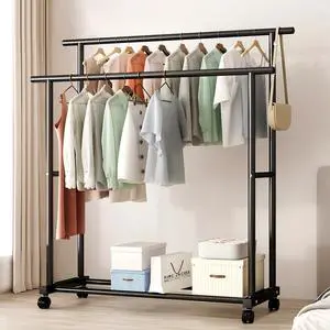 Customize Movable Double Rod Metal Clothes Rack for Bedroom Cloth Rack with Wheels and Shelf for Storing Clothes & Shoes