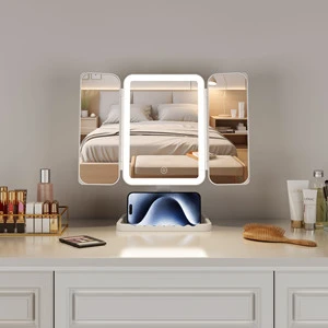 2X 3X Magnification 3 Way Tabletop White Cosmetic Lighted Travel Led Folding Tabletop Trifold Makeup With Light Vanity Mirror
