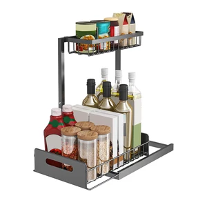 Kitchen Bathroom Under Sliding Cabinet Organizer 2 Tier Spice Drawer Organizer Black Metal Put Out Basket