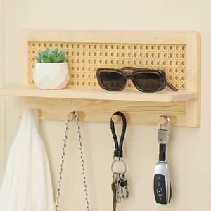 Solid Wood Rattan Storage Rack With Wooden Key Hook