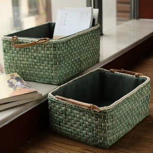 Green Woven Baskets for Storage With Side Handles and Fabric Liner for Bookshelf Pantry Organization Bulk