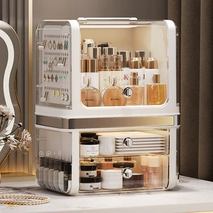 Household Plastic Cosmetic Storage Box Light Luxury Cream Style Modern Large Capacity Multi-Layer Dustproof Desktop Storage