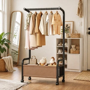 Wholesale Movable Double-Rod Coat Rack with Double-layer Storage Shelves Multifunction Garment Rack Cloth Rack