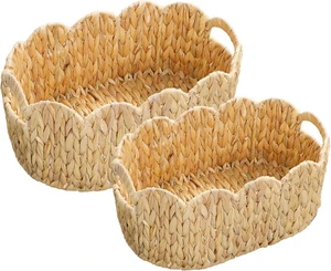 Scalloped Bamboo Basket Set of 2 Hand-Woven Eco-Friendly Kitchen Storage Baskets for Organizing & Decor