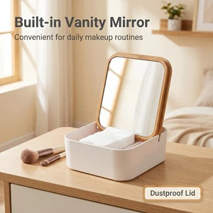 Natural Bamboo Makeup and Bathroom Drawers Organizer Box with Mirror and Lid for Office Home Cosmetic Stationery Storage
