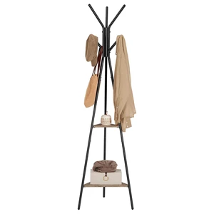 Industrial Style Freestanding Coat Rack with 2 Triangle Shelves Coat Hanger Stand for Bedroom Clothes Hat Bag Storage