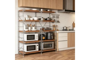 Flexible MOQ Metal Wood Tone Kitchen Storage Rack Floor Standing Microwave Oven Shelf Organizer