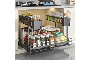 Adjustable Pull Out Under Sink Organizer Carbon Steel Double Layer Sliding Storage Rack Expandable Kitchen Cabinet Shelf