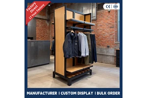 OEM ODM Factory Custom LOGO Garment Shop Double Side Metal Clothing Display Stand Clothes Display Racks Shelf With Wood Shelves